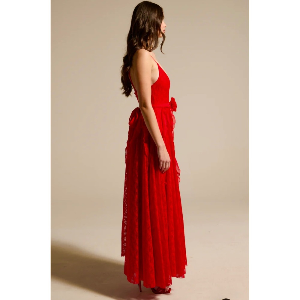 Red Lace Maxi Prom Dress Deep V Ruffle Sash Necklace Tie Party Formal Sold Out - Picture 8 of 11
